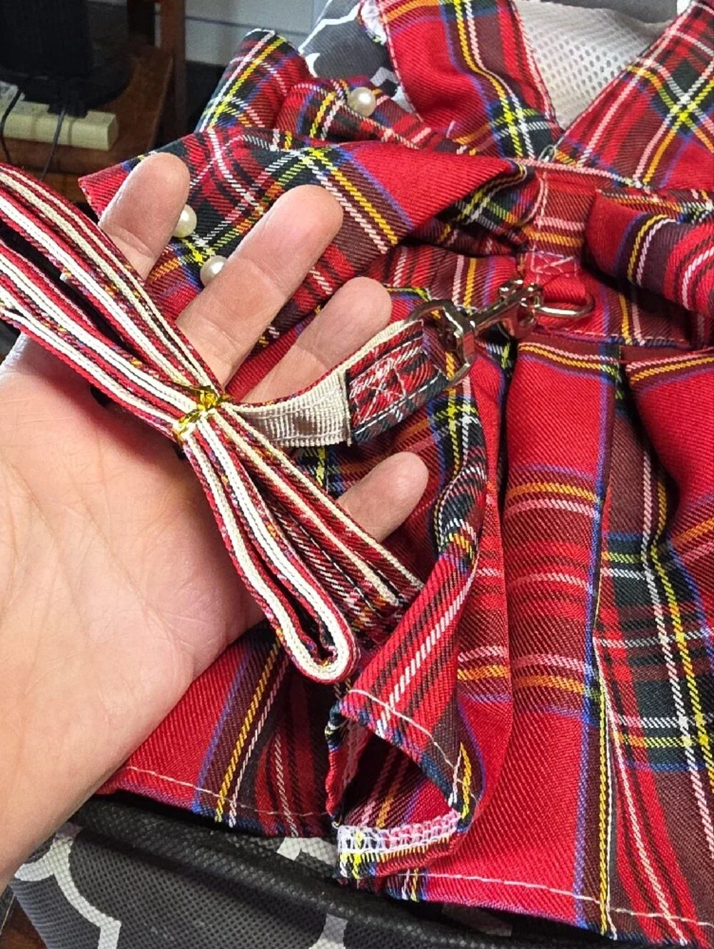 Red Plaid Bow Accent Pet Harness Dress